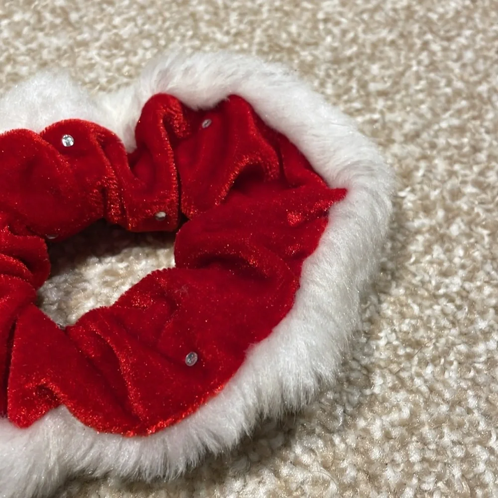 Red & White Santa Claus / Mrs. Claus Velvet Fur Trim Scrunchie With Rhinestones